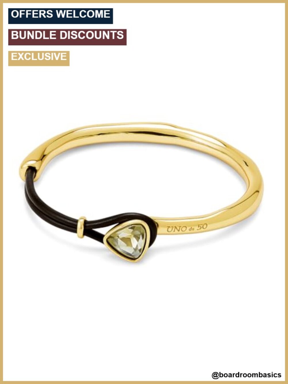 18K Gold-Plated Rigid Cuff Bracelet with Leather and Green Faceted Crystal